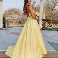 Yellow V-Neck Satin Prom Dress with Pockets,Backless Party Dress,Evening Dress,484 - Thumbnail 1