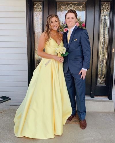 Yellow V-Neck Satin Prom Dress with Pockets,Backless Party Dress,Evening Dress,484