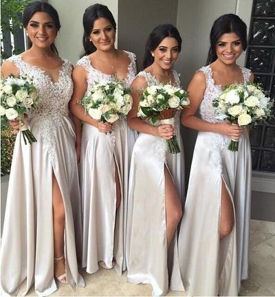 Long bridesmaid Dresses, slit bridesmaid dress, lace bridesmaid dress, light gray bridesmaid dress,486