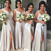 Long bridesmaid Dresses, slit bridesmaid dress, lace bridesmaid dress, light gray bridesmaid dress,486 - Thumbnail 1