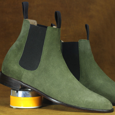 Handmade men's ankle high olive green chelsea leather boots - Thumbnail 4