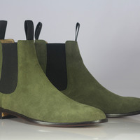 Handmade Men's Ankle High Olive Green Chelsea Leather Boots - Thumbnail 1