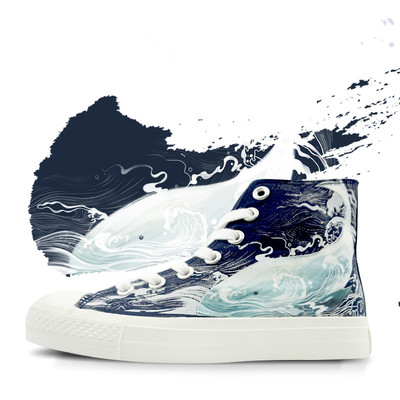 New graffiti wave whale hand-painted high-top canvas shoes - Thumbnail 4