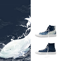 New graffiti wave whale hand-painted high-top canvas shoes - Thumbnail 1