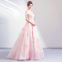 Pink tulle lace long prom gown formal dress - Thumbnail 1