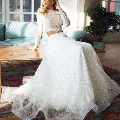 Sparkly two piece wedding dresses bridal gown top with sleeves - Thumbnail 2