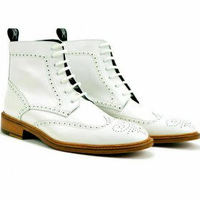 Trendy Stylish White Oxford Wing Tip Handmade Hiking Ankle High Boot In Genuine Leather For Men - Thumbnail 1