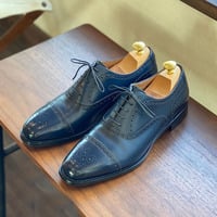 Handmade Men Oxford Navy Blue Brogue, Dress Formal Bespoke Shoes - Thumbnail 1