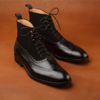 Stylish handmade men's dark brown lace up wing tip brogue leather & suede boots - Thumbnail 3