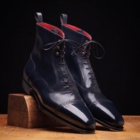 New Handmade Men’s Ankle High Leather Boots Men’s Navy Blue Cap Toe Lace Up Boot - Thumbnail 1