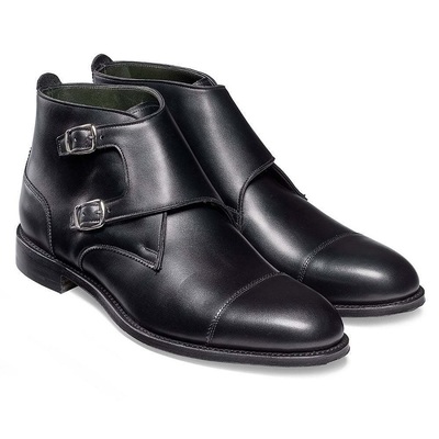 Handmade men’s ankle high leather cap toe black double monk strap boot - Thumbnail 2