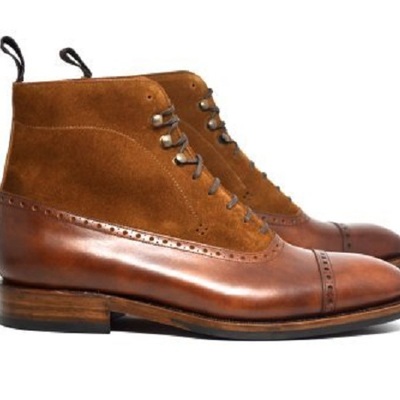 Men's handmade ankle high brown leather & suede cap toe lace up fashion boots - Thumbnail 3