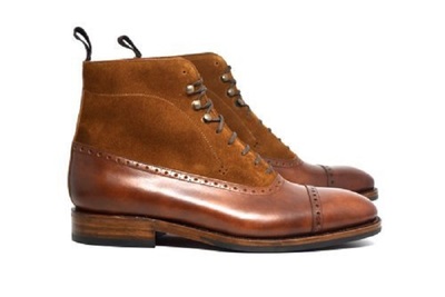 Men's Handmade Ankle High Brown Leather & Suede Cap Toe Lace Up Fashion Boots