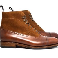 Men's Handmade Ankle High Brown Leather & Suede Cap Toe Lace Up Fashion Boots - Thumbnail 1