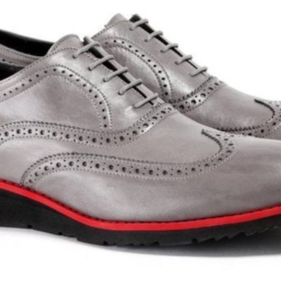 Handmade men's gray color leather wing tip brogue lace up dress fashion shoes