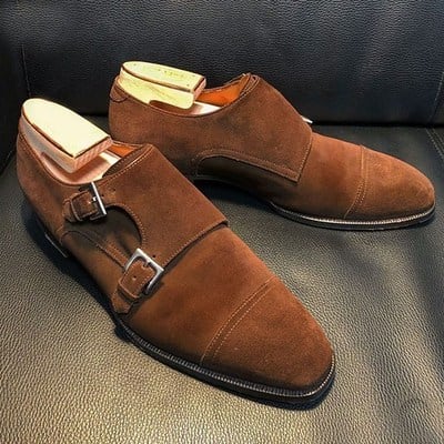 Men's handmade dark brown suede double monk strap cap toe dress fashion shoes