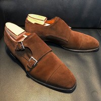 Men's Handmade Dark Brown Suede Double Monk Strap Cap Toe Dress Fashion Shoes - Thumbnail 1