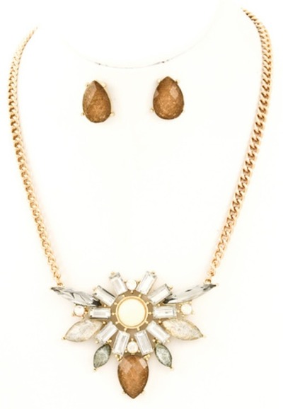 Stone Pendant Necklace Set - Gold