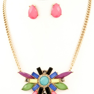 Stone pendant necklace set - multi