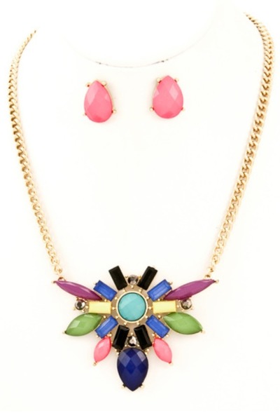 Stone Pendant Necklace Set - Multi