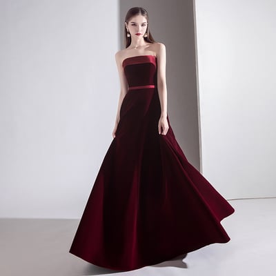Burgundy velvet long prom dress formal dress - Thumbnail 5
