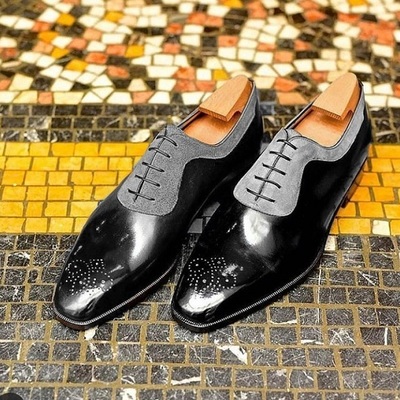 Men's handmade black & gray brogue leather & suede lace up dress fashion shoes