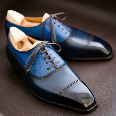 Men's Handmade Black & Blue Pebbled Cap Toe Oxford Leather Formal Dress Shoes