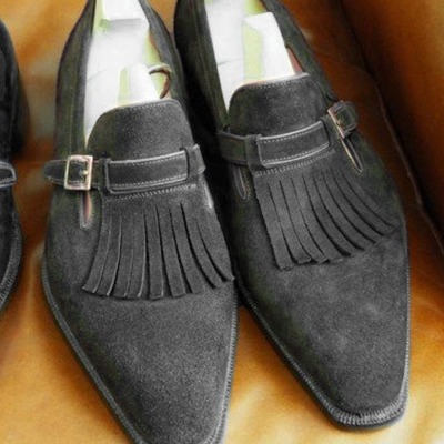 Men's gray fringe monk straps suede loafers formal shoe - Thumbnail 2