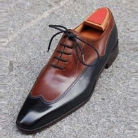 Handmade Men's Brown Black Two Tone Lace Up Shoes, Men Dress Formal Shoes - Thumbnail 4