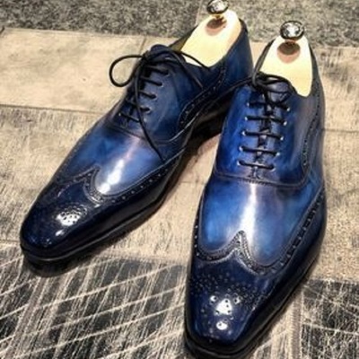 Elegant blue whale color wingtip pointed toe oxford premium leather dress shoes