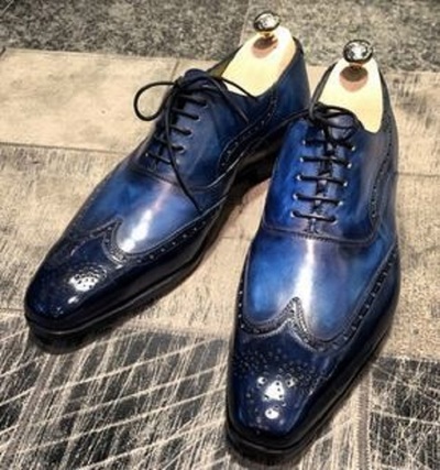 Elegant Blue Whale Color Wingtip Pointed Toe Oxford Premium Leather Dress Shoes