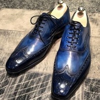 Elegant Blue Whale Color Wingtip Pointed Toe Oxford Premium Leather Dress Shoes - Thumbnail 4