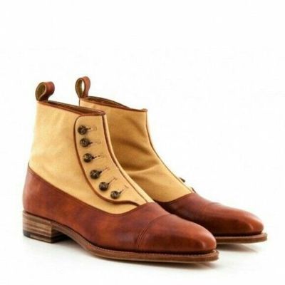 New handmade pure tan shaded & beige leather & suede button boots for men's - Thumbnail 2