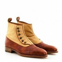 New Handmade Pure Tan Shaded & Beige Leather & Suede Button Boots for Men's - Thumbnail 1