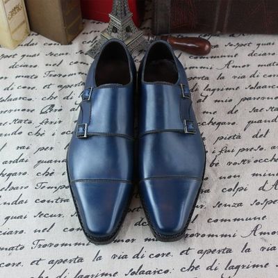 Genuine Leather Monk Strap Men's Formal Business Shoes In Catalina Blue Color