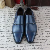 Genuine Leather Monk Strap Men's Formal Business Shoes In Catalina Blue Color - Thumbnail 1