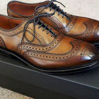 Italian Russet Brown Full Brogue Medallion Balmoral Genuine Leather Dress Shoes - Thumbnail 1
