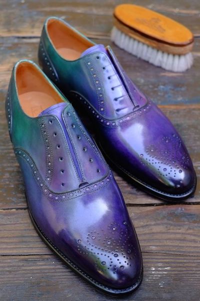 Royal Purple Brogue Toe Oxford Genuine Leather Formal Dress Shoes Made By Hand