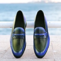 Handmade Mens Stylish Blue Black Tone Penny Loafer Slips On Moccasin Shoes - Thumbnail 2