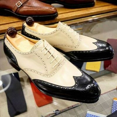Men's handmade beige & black wing tip brogue leather formal dress fashion shoes