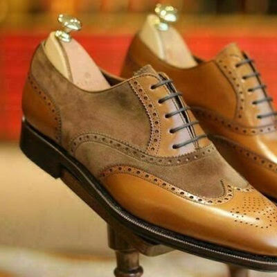 New stylish classic camel and brown leather suede oxfords wing tip brogue formal shoes - Thumbnail 5