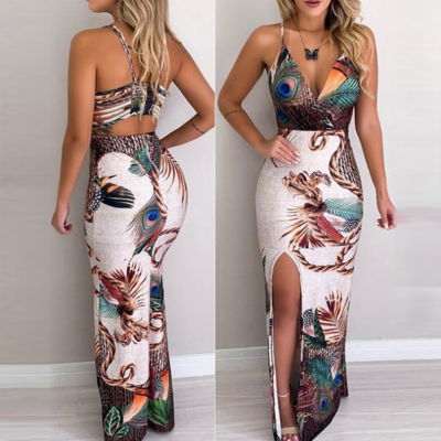 Irregular v-neck strap peacock dress - Thumbnail 2