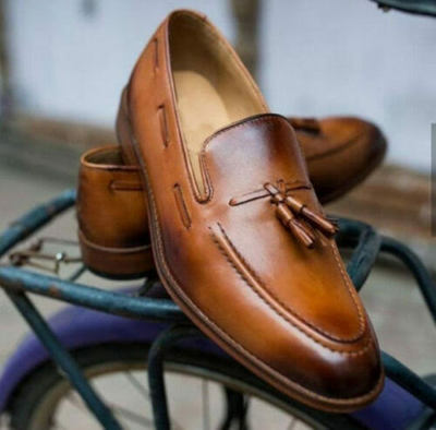 Classic Men Handmade Toe Tone Brownish Leather Tassels Loafer Best For Formal Looking Shoes In Genuine Leather