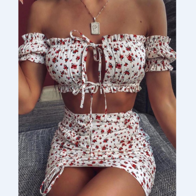 Tight sexy two-piece ruffled printed bag hip skirt suit - Thumbnail 5
