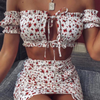 Tight Sexy Two-Piece Ruffled Printed Bag Hip Skirt Suit - Thumbnail 1