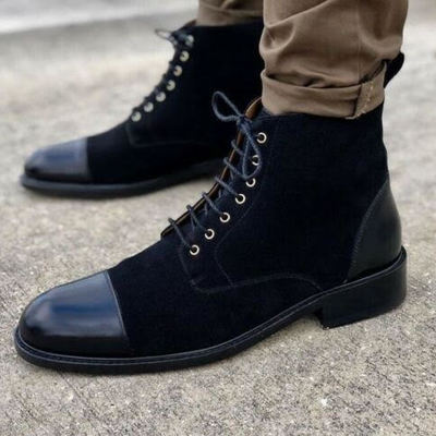 Trendy men western style handmade black leather and suede cap toe decent fashion formal shoes for adult 
