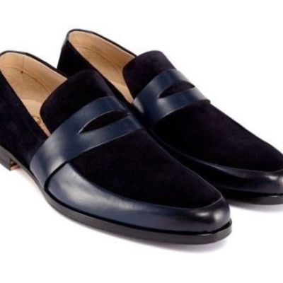 Handmade men two tone shoes moccasins, men navy blue and and black suede shoes
