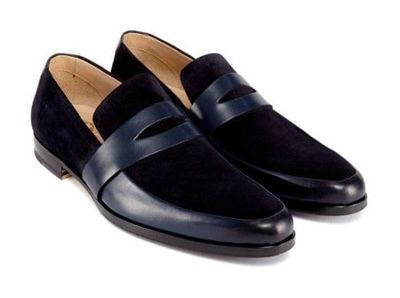 Handmade Men two tone Shoes moccasins, Men Navy blue and and black suede shoes