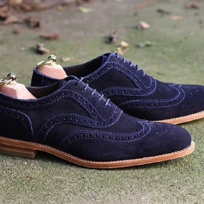Men's handmade blue suede lace up shoes, wing tip brogue dress formal shoes