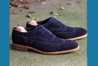 Men's Handmade Blue Suede Lace Up Shoes, Wing Tip Brogue Dress Formal Shoes